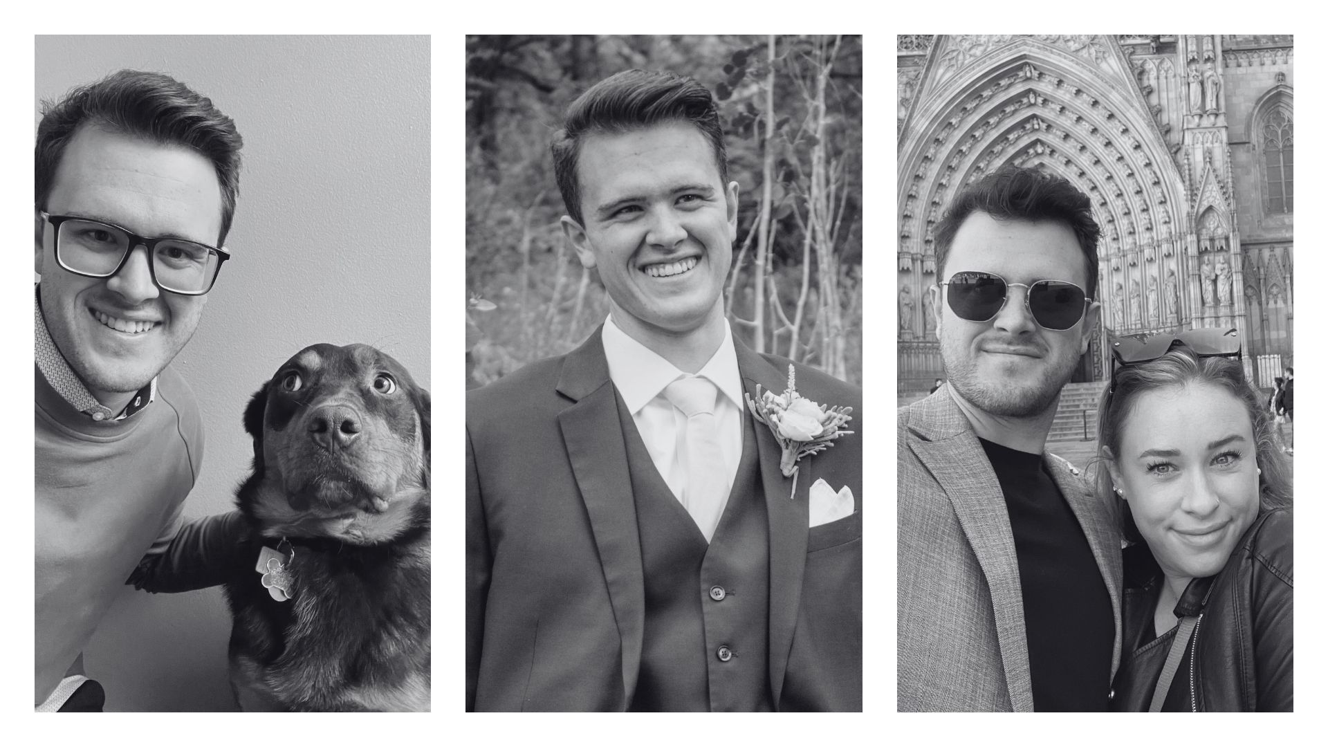 Three black and white photos of the author, Tim Pate, his dog, and his wife.